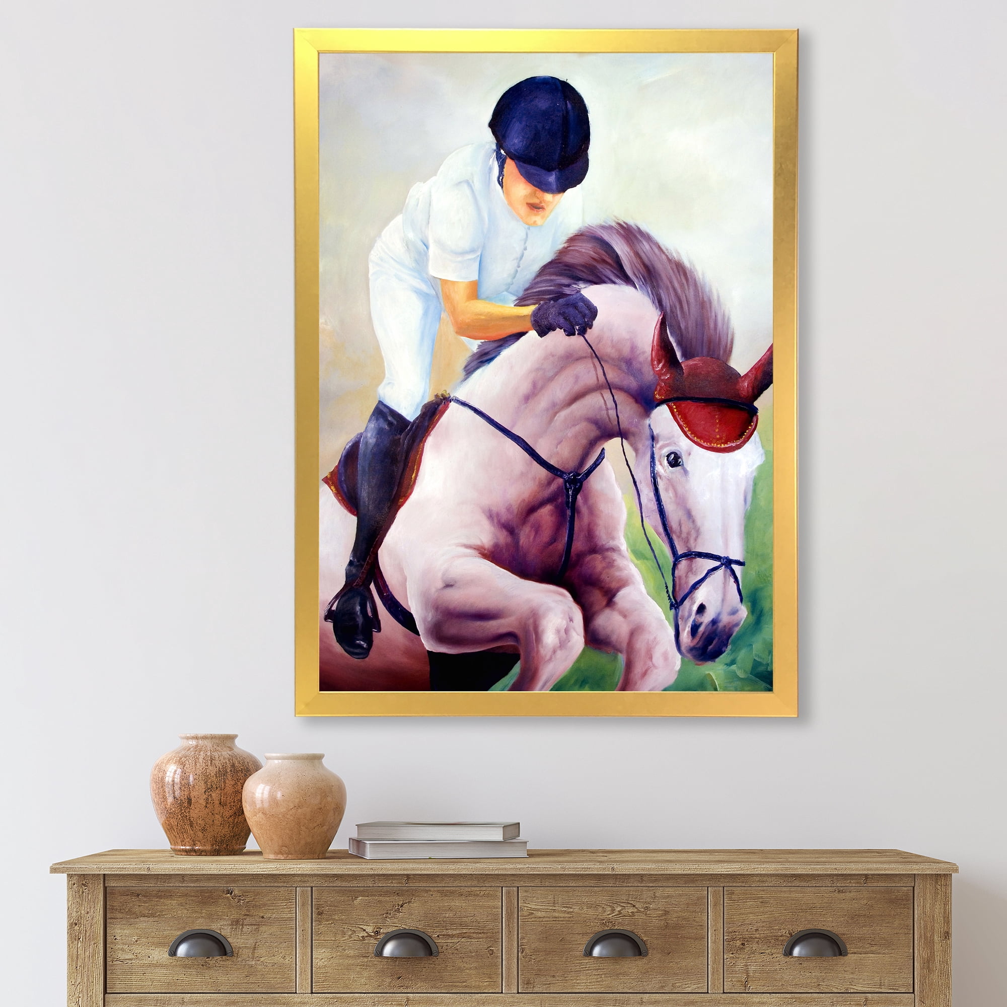 Designart 'Jockey On Galoping Pink Horse' Farmhouse Framed Art Print