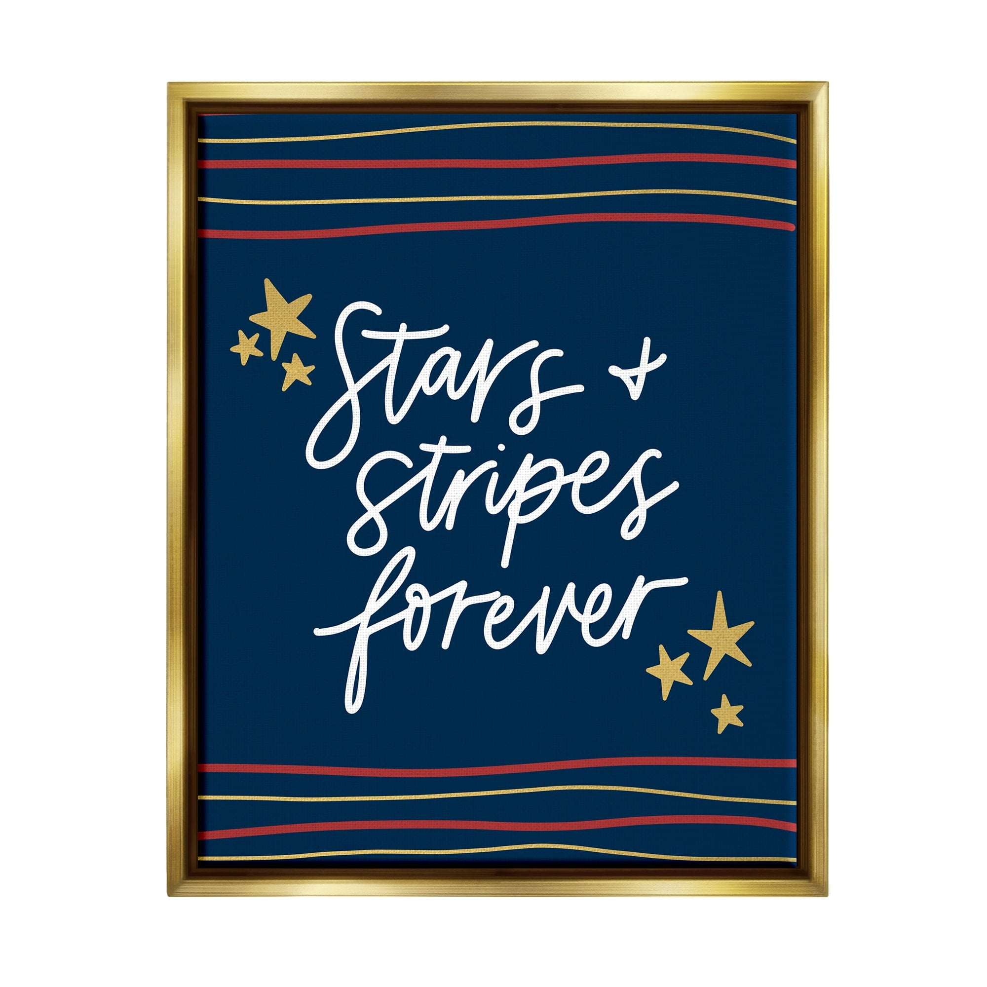 Stupell Industries Stars Stripes Forever Americana Independence Day Graphic Art Metallic Gold Floating Framed Canvas Print Wall Art, Design by Amanda Houston