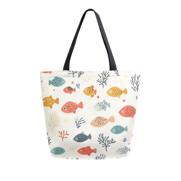 Large Canvas Bag 13.5x5.1x15 Inch Canvas Bag Shopping Canvas Bag Suitable For Outing Shopping Travel Out Of Large Capacity Storage Colorful Cute Little Fish Seamless