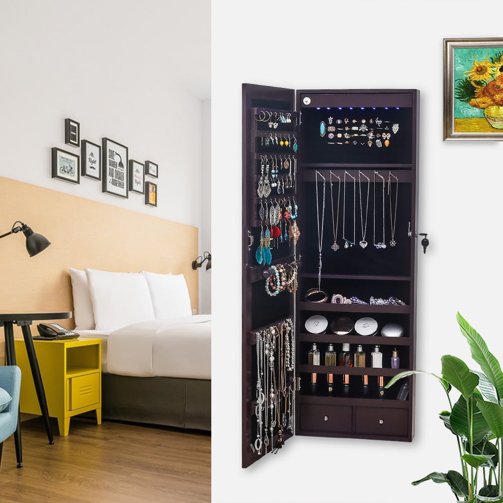 Jewelry Storage Mirror Cabinet, Nonfull Mirror Wooden Wall Mounted 4-layer Shelf, 2 Drawers, 8 Blue Led Lights