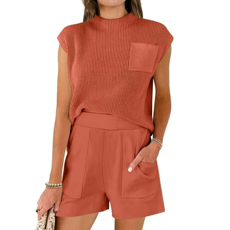 Summer Savings Clearance 2025! Bovxnpu Two Piece Sets for Women  Summer Outfits for Women  Women s Casual and Fashionable Solid Color with Pocket Round Neck Sleeveless Top and Shorts Set Orange XXL