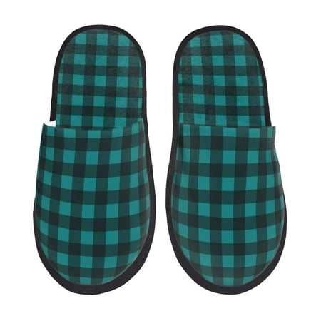 Balery Teal On Black Plaid Slient Indoor Furry Fleece Comfort House Shoes Soft Non-Slip Home Shoes Cotton slippers House Slippers-- Medium
