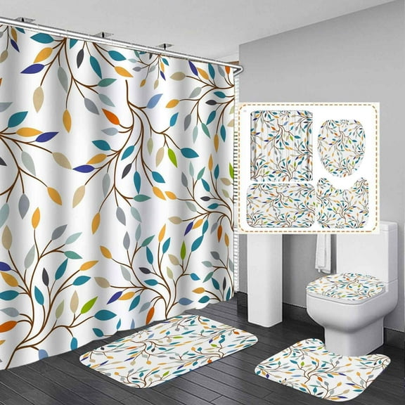 4PCS Tropical Gold Green Palm Leaves Shower Curtain Sets with Rugs, Hummingbird Shower Curtain, Waterproof Fabric White Shower Curtain, Plant Botanical Monstera Leaf Hawaiian Bathroom Decor