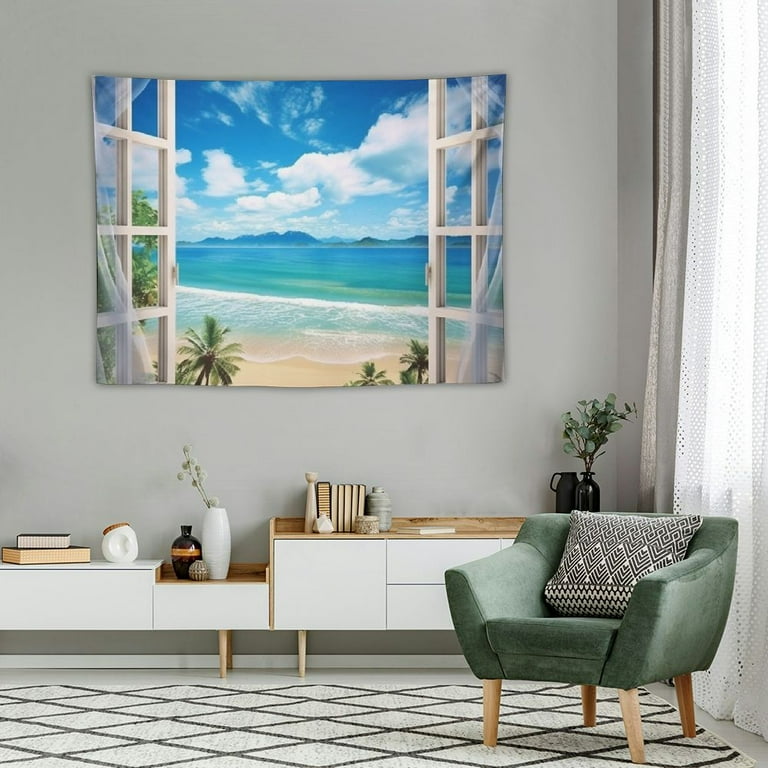 ONETECH Ocean Beach Window Tapestry Wall Hanging for Windowless