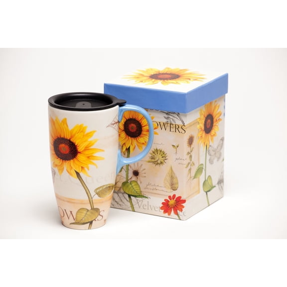 Evergreen Latte Travel Cup , Yellow & Red Sunflowers