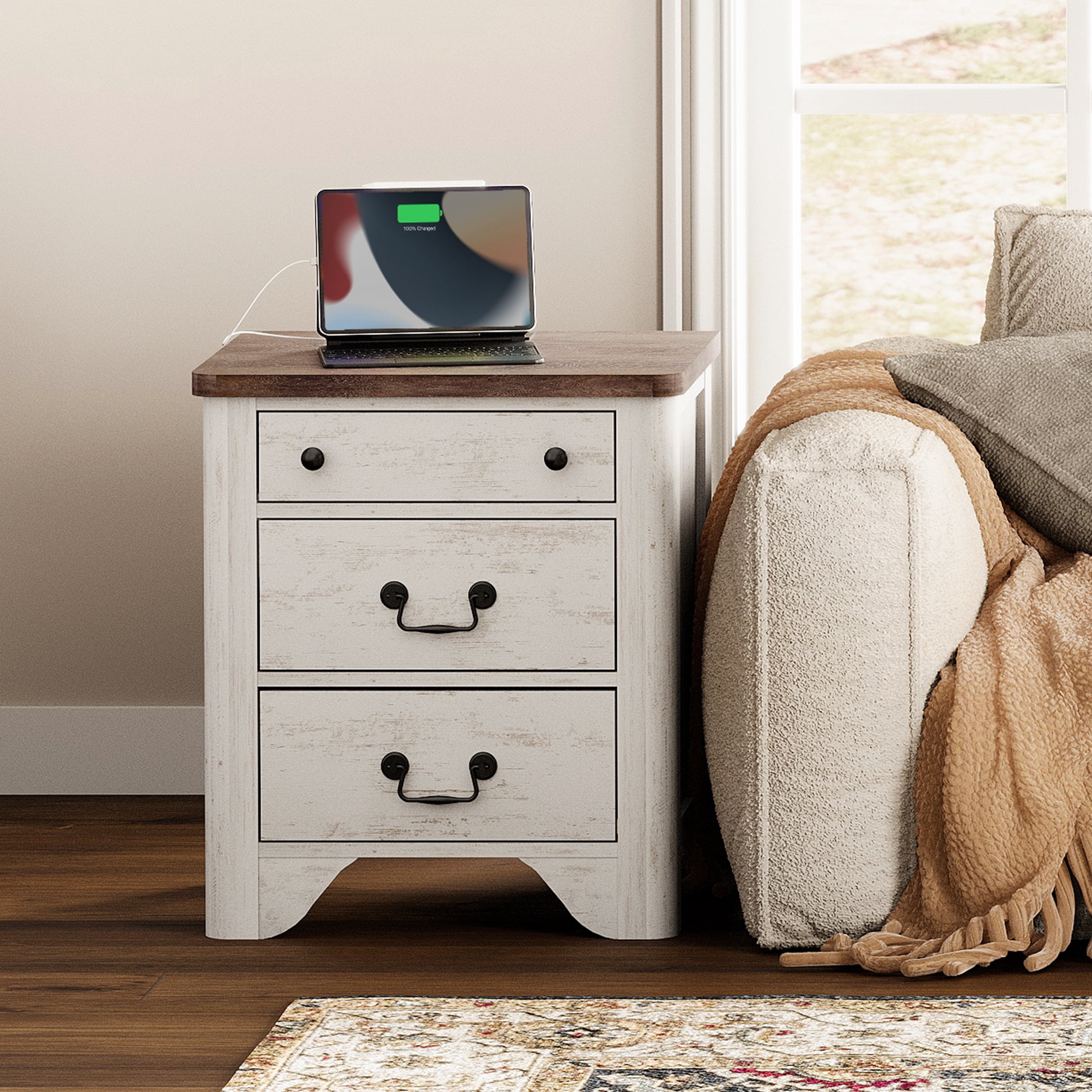 Farmhouse 3-Drawer End Table with Charging Station, Wood Side Table for Living Room, White