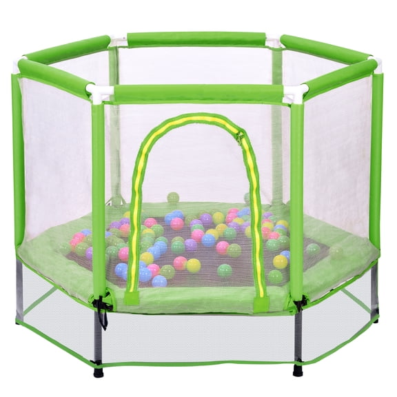 HOQBN 55 Inch Trampoline,Indoor Outdoor Mini Trampoline with Safety Enclosure Net and Balls for Kids,Green