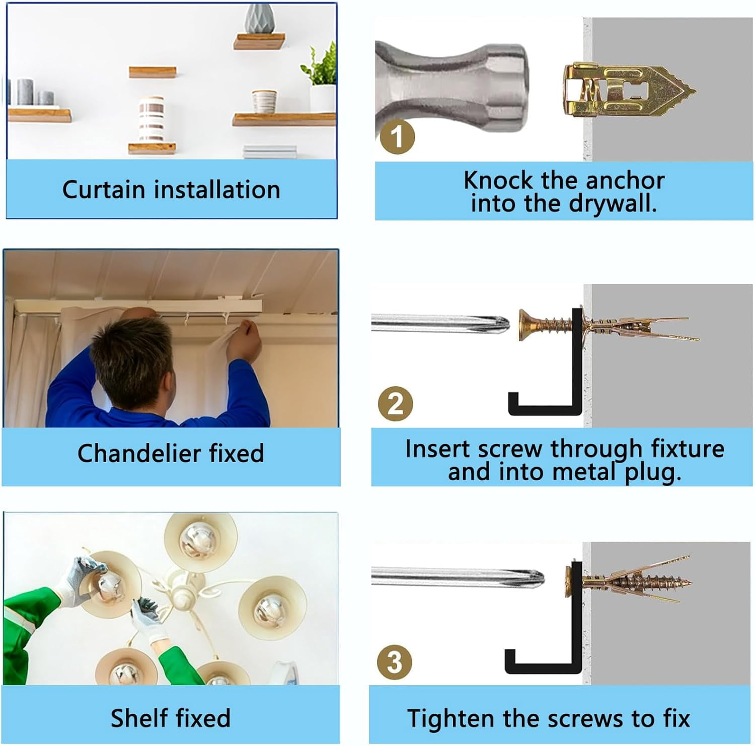 170Pcs Self Drilling Drywall Anchors with Screws Kit,Zinc Plated Steel,3 Sizes Expansion Screws and 2 Sizes Wall Anchors.No Drill Hole Needed for Mounting TV,Shelf,Mirror,Cabinet,Picture Frames