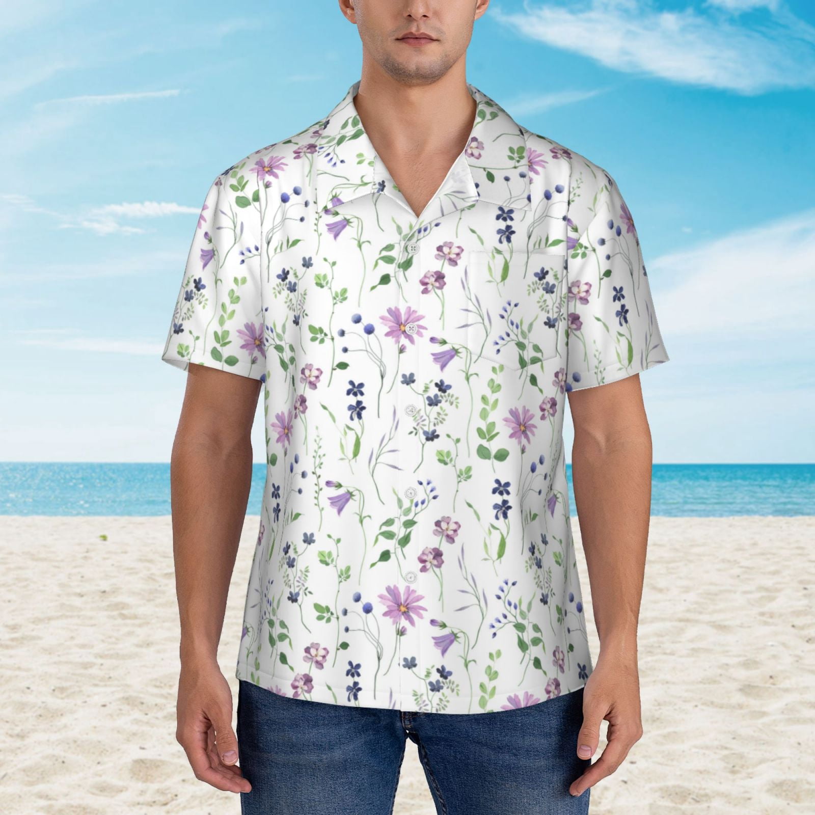 Logiee Watercolor Wildflower Print Mens Hawaiian Shirts,Loose-Fit Short Sleeve Button Down Tropical Aloha Beach Shirt,Summer Vacation Wedding Tops,Medium