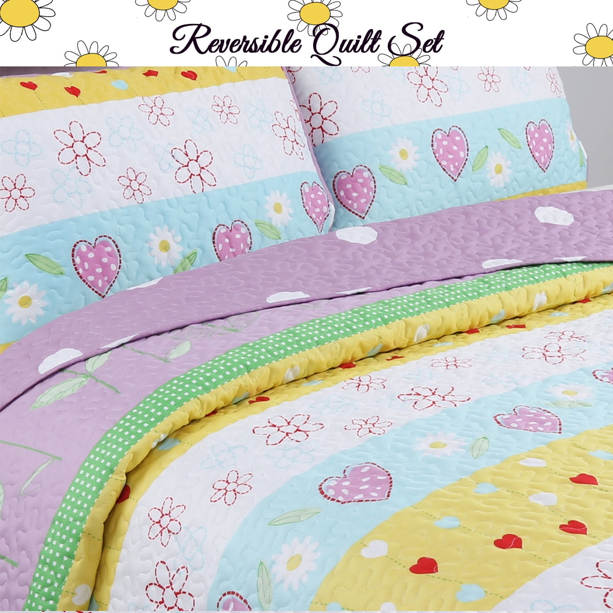 Cozy Line Home Fashions Floral Heart Print Reversible Girl Bedding Quilt Set, Bedspread, Coverlet (Flower Garden, Twin - 2 Piece)