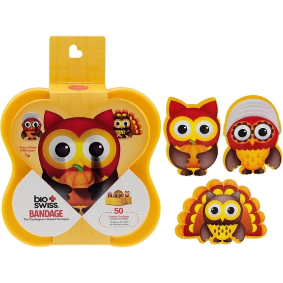 BioSwiss Bandages, Thanksgiving Shaped Self Adhesive Bandage, Latex Free Sterile Wound Care, 50 Count