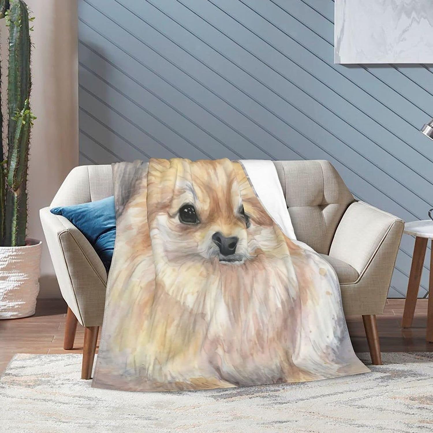 Newhomestyle 3D Flannel Plush Throw Blanket, 80"x60" Pomeranian Watercolor Pom Puppy Dog Cute Animal Painting, Super Cozy Air Conditioning Blanket