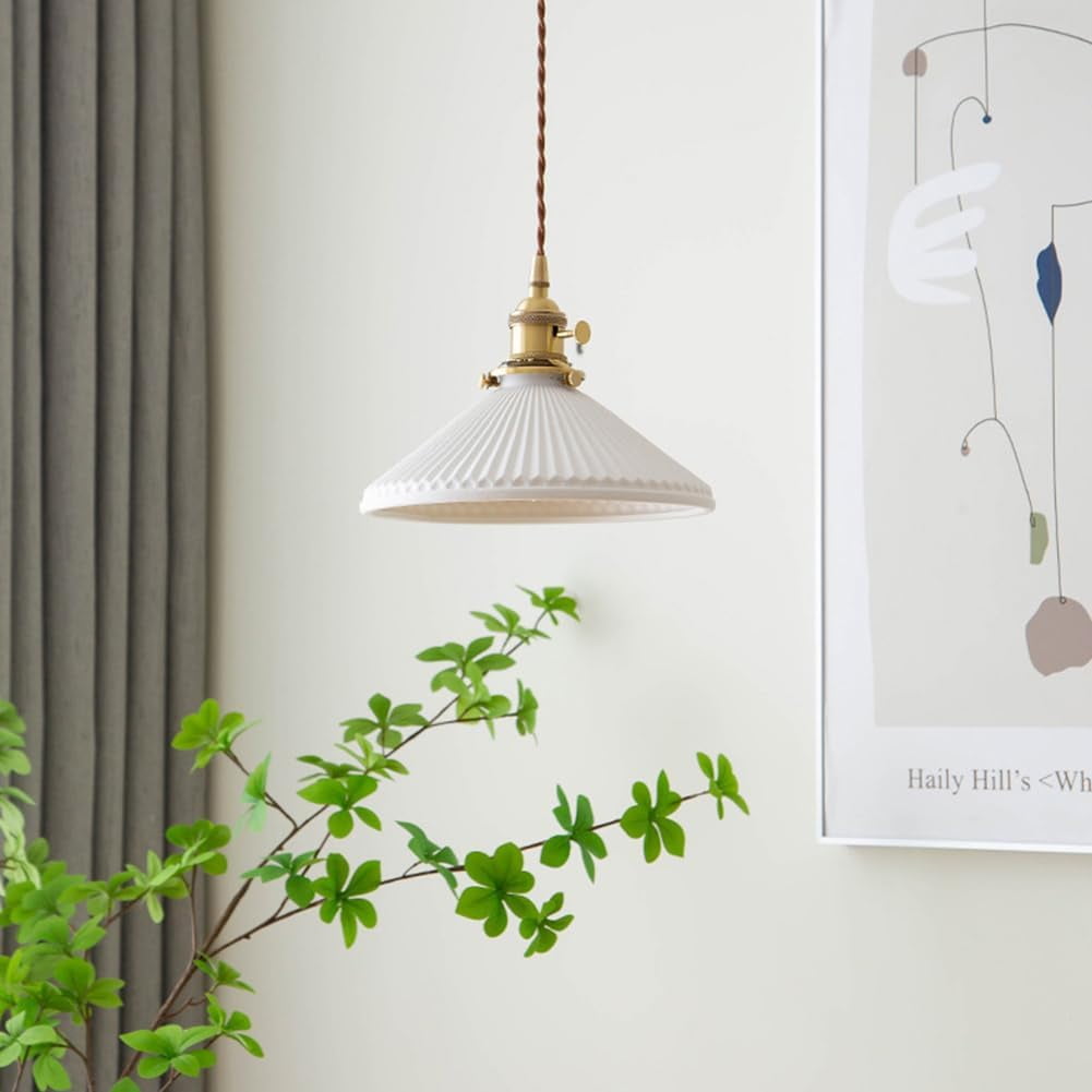 Japanese Style White Ceramic Pendant Lighting for Kitchen Island, Rustic Vintage Pendant Light Fixture for Dining Room, Retro Simple Pendant Lamp, Modern Farmhouse Pendant Light for Bar Over Table