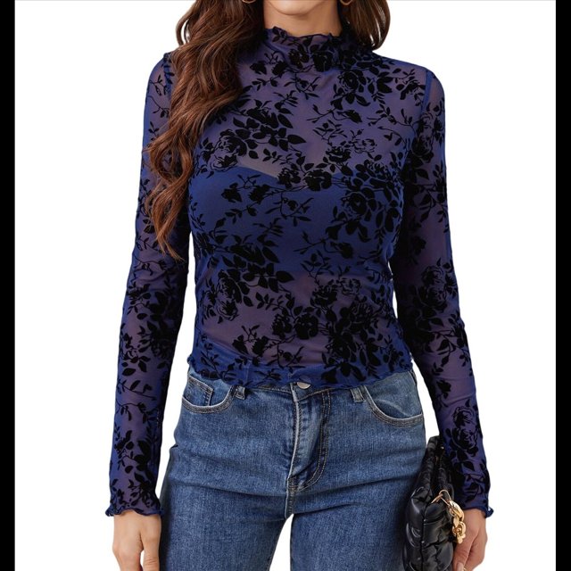 Blusa de Larga con Encaje y para Mujer, con Estampado Floral, Transparente, Cuello Alto, Ideal para Fiestas y Clubes Nocturnos Azul Marino XL