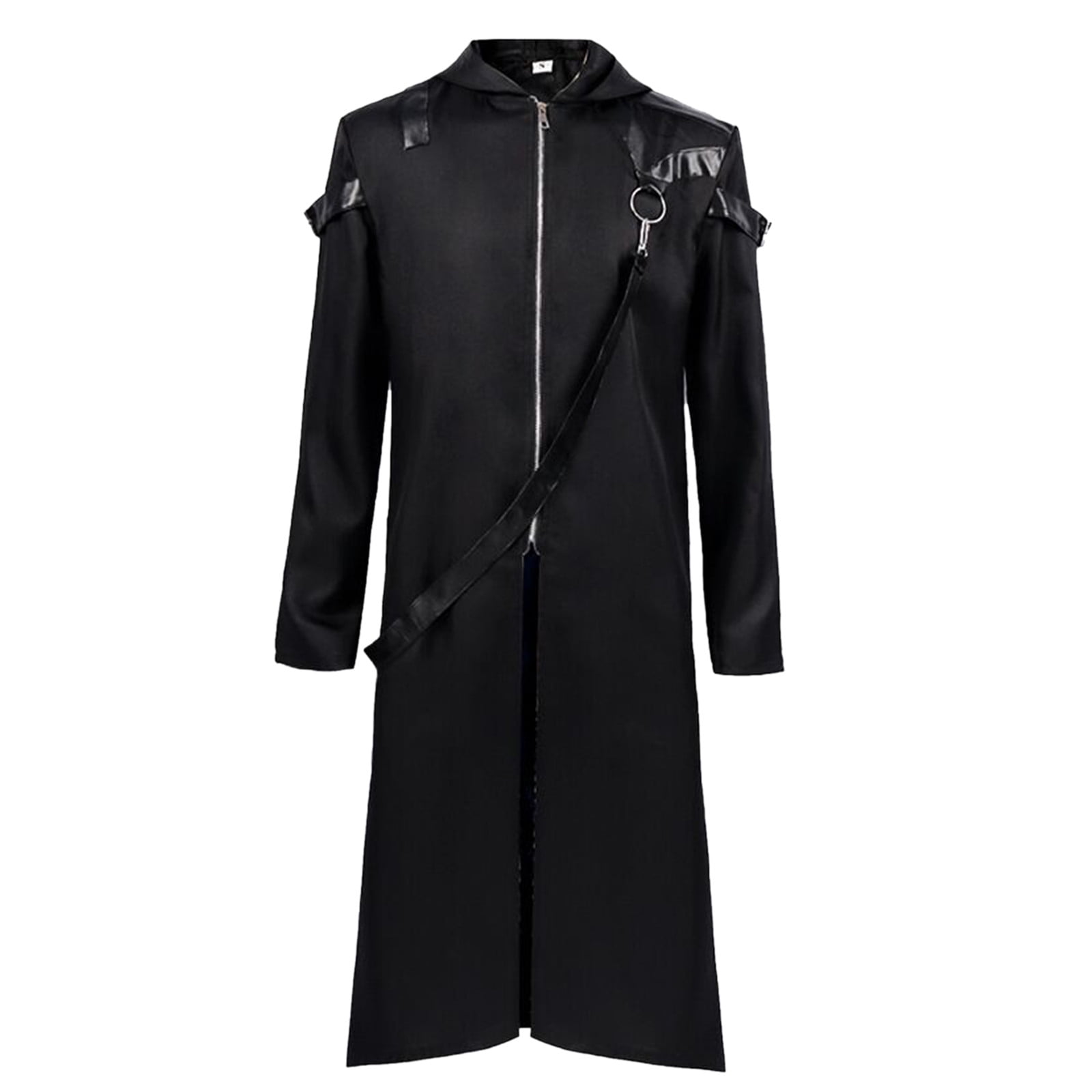 JHLZHS Black Denim Jacket Mens Gothic Hooded Zip up Rope Trench