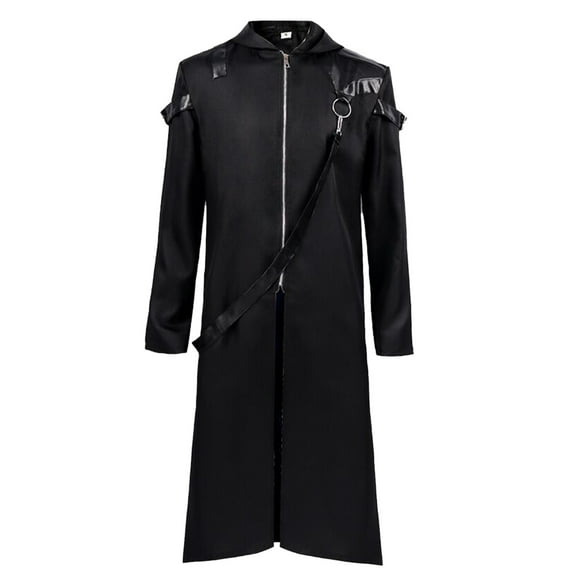 QHFBli Windproof Mens Trench Coat Mens Gothic Halloween Hooded Trench Coat with Rope Design Zip Up Black L