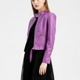 thumbnail image 3 of Defitshape Women's Faux Leather Jacket Winter Fashion Crop Moto Jackets & Coats Long Sleeve Fall Top Mock Neck Zipper Pocket Full Zip Short Jacket violet Medium, 3 of 5