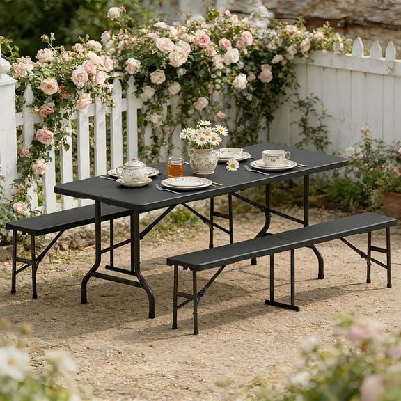 Zimtown 3-Piece Outdoor Picnic Set, 6Ft HDPE Folding Table & 2 Benches, Weather-Resistant Patio Set for Camping, Parties & Commercial Events (Black)