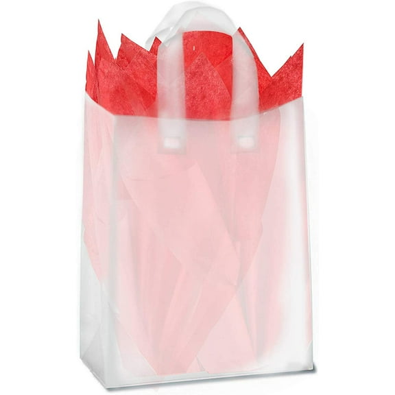 100 Pack Clear Frosted Plastic Gift Bags with Soft Handles and Cardboard Insert for Retail, Gifts, and More
