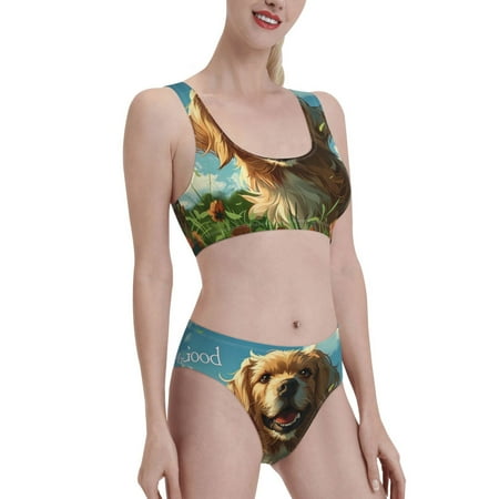 Uemuo Happy Dog In Flower Field Printed Women s High Waisted Bikini Sets Sporty Two Piece Swimsuits Color Block Cheeky High Cut Bathing Suits-Medium
