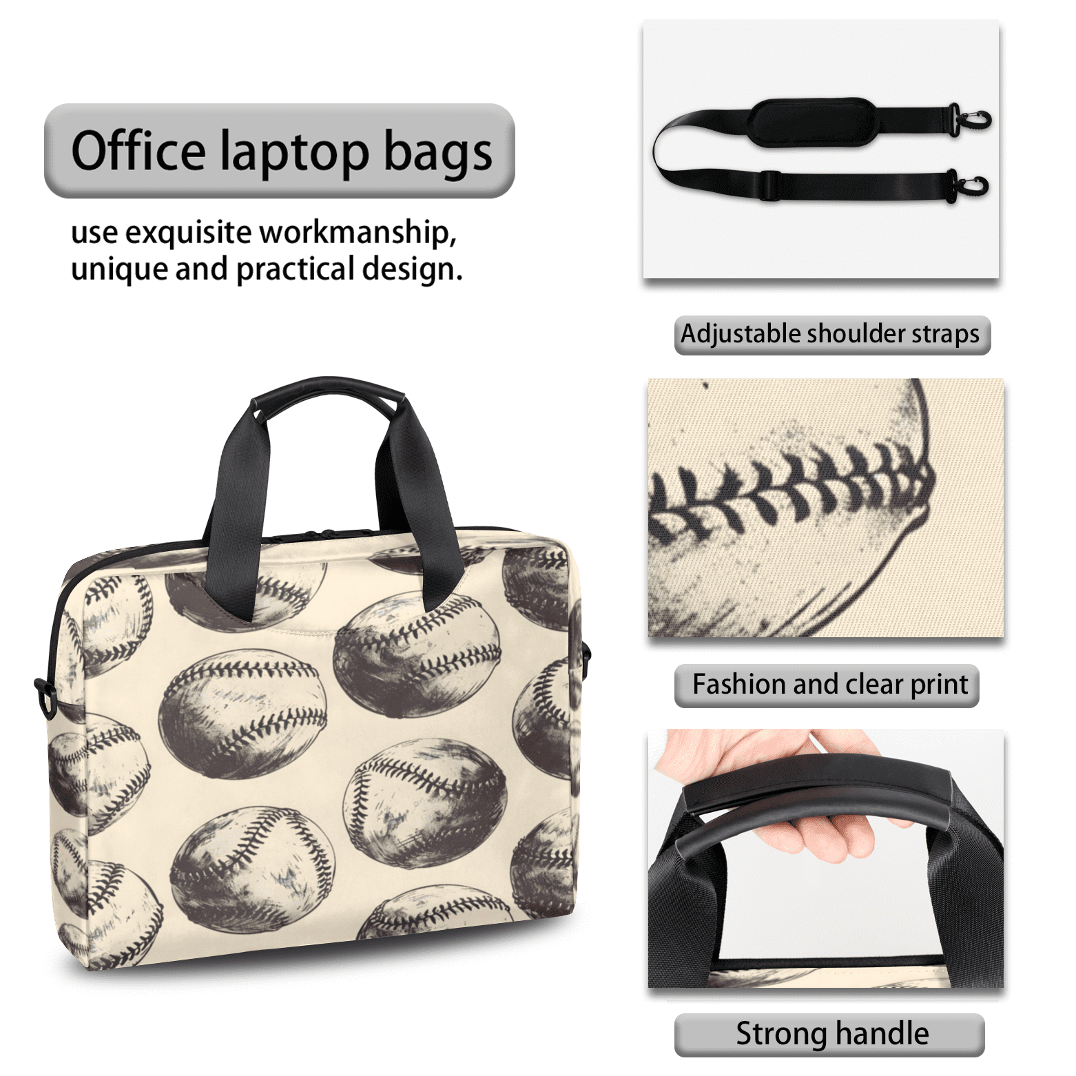 Herdesigns Retro Baseball Laptop Bag for Women Men, Computer Case Briefcase Messenger Bags, 15-15.6 inch Laptop Sleeve Shoulder Bag