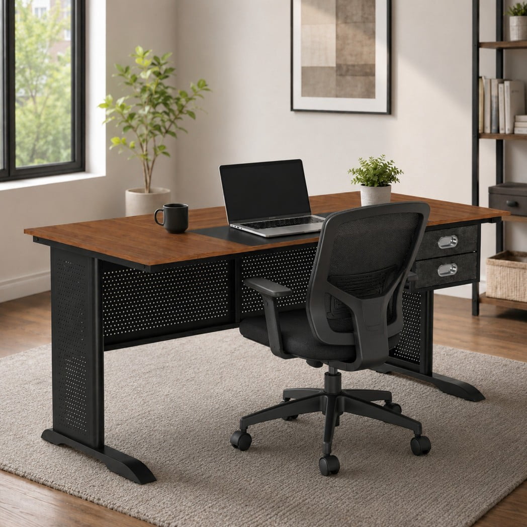 63" Computer Desk, 63 x 31.5" Large Office Desk with 2 Drawers, Modern Writing & Gaming Desk, Rustic Brown Desktop with Black Metal Frame