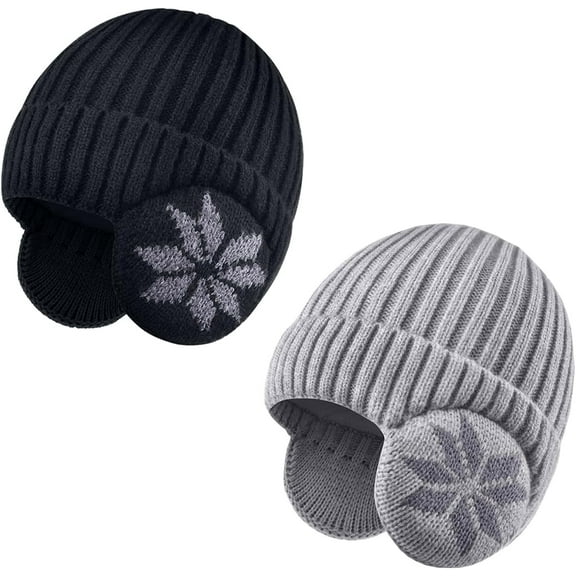 2 Pack Kids Beanie Winter Hat for 3-10 Years Cute Warm Fleece Lined with Ear Flaps for Boys and Girls