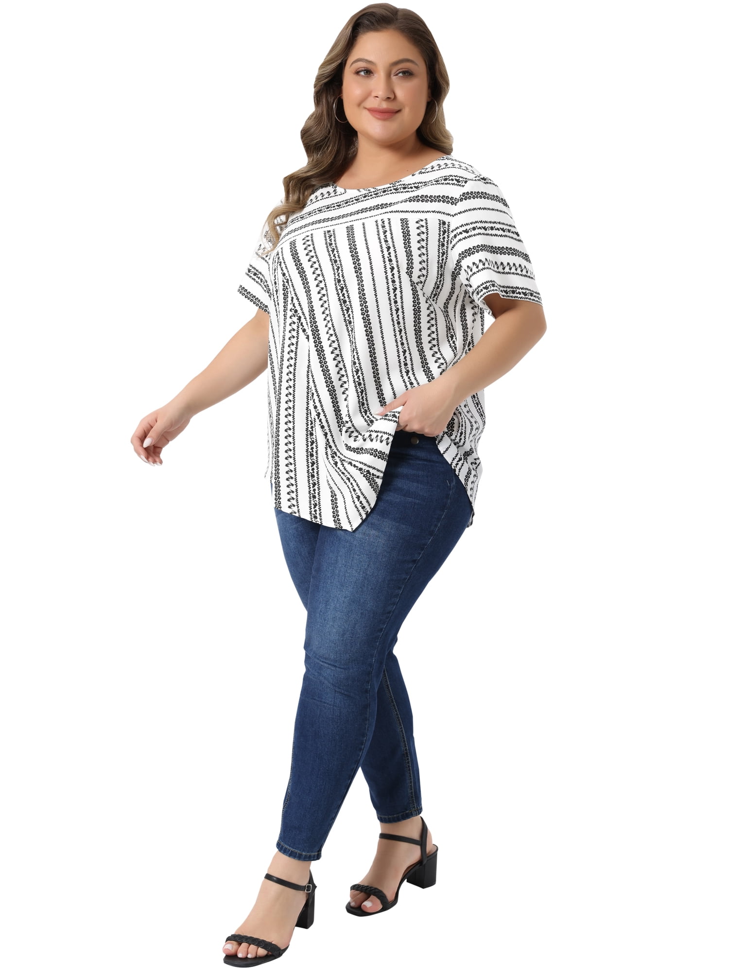 DARING DIVA Women's Plus Crew Neck Short Sleeve Boho Striped Blouse Top 1X White