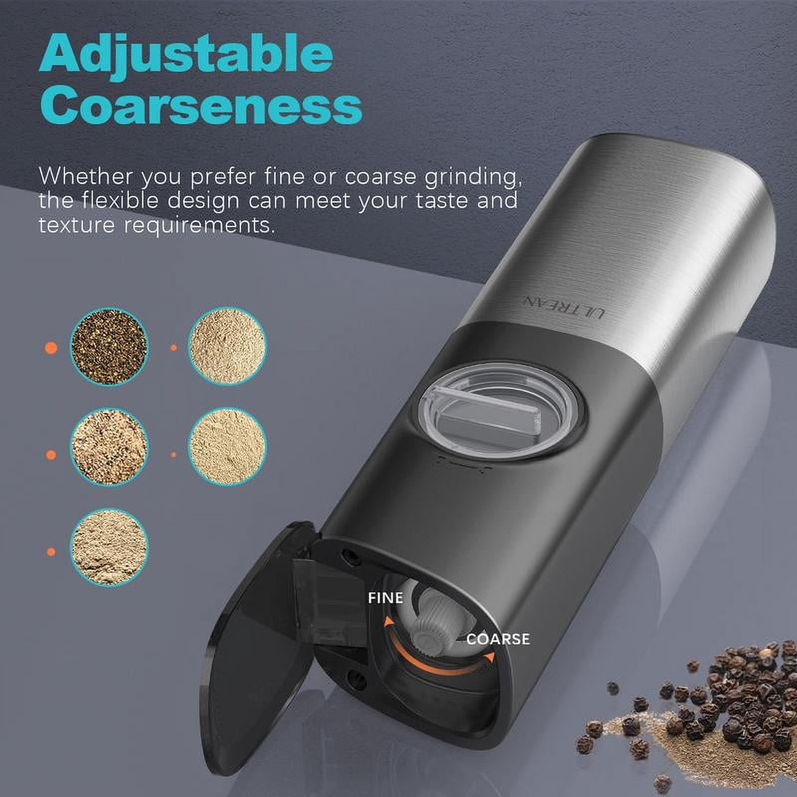 Ultrean Electric Salt & Pepper Grinder Sets, 2pcs Rechargeable, Adjustable, Stainless Steel Construction, Auto Dust Lids, LED one-hand operation