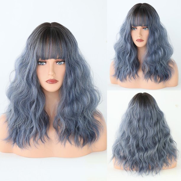 Pelucas cortas con flequillo TANGJMXG Peluca ondulada 54 cm pelo sintético negro y azul