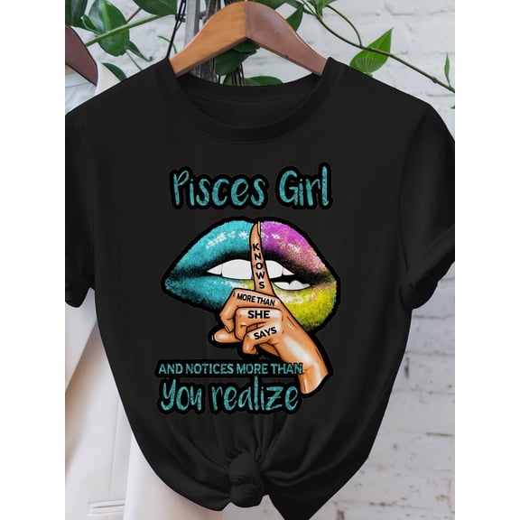 Pisces Zodiac Astrology Women's T-Shirt Retro Glitter Lips Graphic Tee Funny Horoscope Secret Quote Apparel Comfortable Cotton Short Sleeve Top