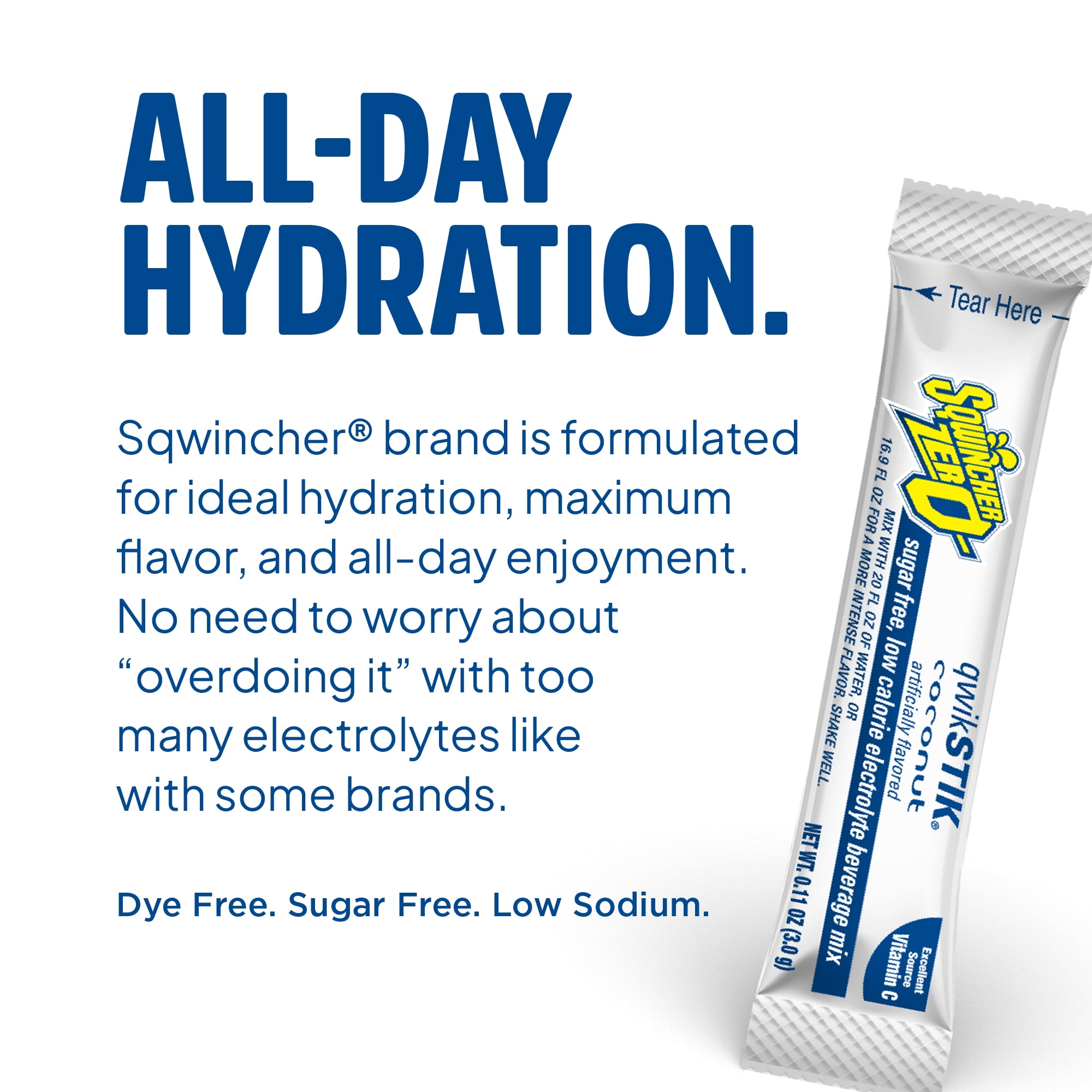 Sqwincher Zero Electrolyte Powder Packets Qwik Stik  Sugar Free Drink Mix, Coconut, 0.11 oz, Makes 20 oz, 50 Sticks per Pack