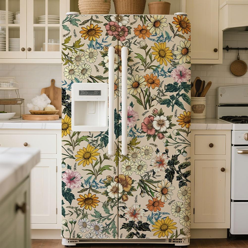 2 Pcs Retro Flower Removable Refrigerator Wraps Self-Adhesive Fridge Stickers Peel and Stick Vinyl Fridge Decals Sticker for Living Room Multi-color