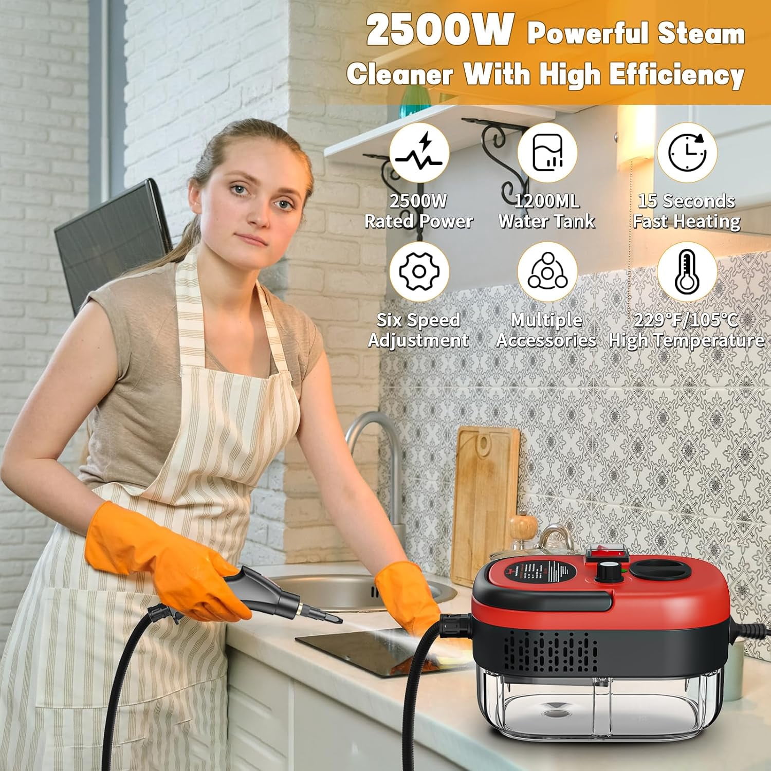 2500W Portable High Temperature Steam Cleaner, Handheld Steamer with Brush Heads for Car Detailing, Couch, Windows, Kitchen, Bathroom, Grout & Tile Cleaning(Red)