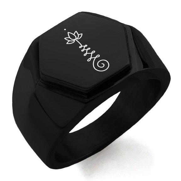 Stainless Steel Sacred Lotus Unalome Engraved Hexagon Crest Flat Top Biker Style Polished Ring