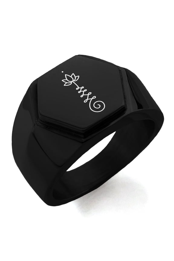 Stainless Steel Sacred Lotus Unalome Engraved Hexagon Crest Flat Top Biker Style Polished Ring