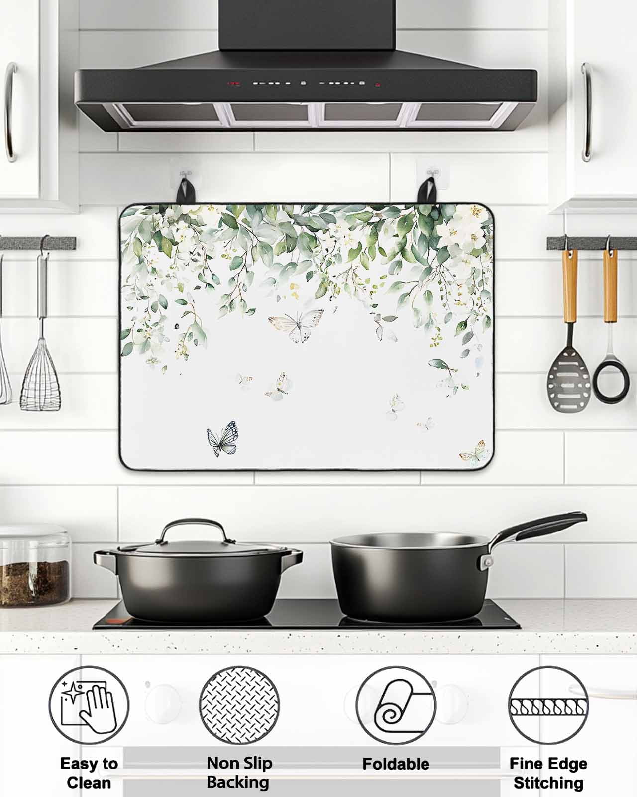 Stove Top Covers for Electric Stove, Eucalyptus Glass Stovetop Cover Protector, Butterfly Sage Green Leaf Farmhouse Plant Induction Cooktop Protector Oven Mat for Kitchen Countertop 24"x21"