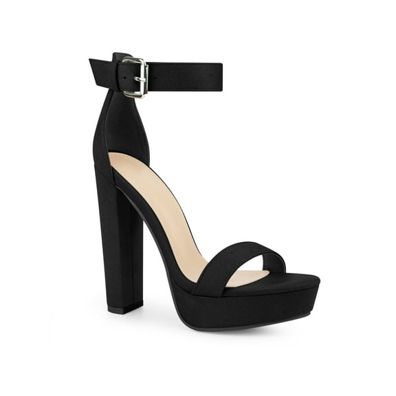 BLISSFUL STEP Women's Shoes Faux Suede Platform Block Heel Ankle Strap Buckle Open Toe Sandals Black 7
