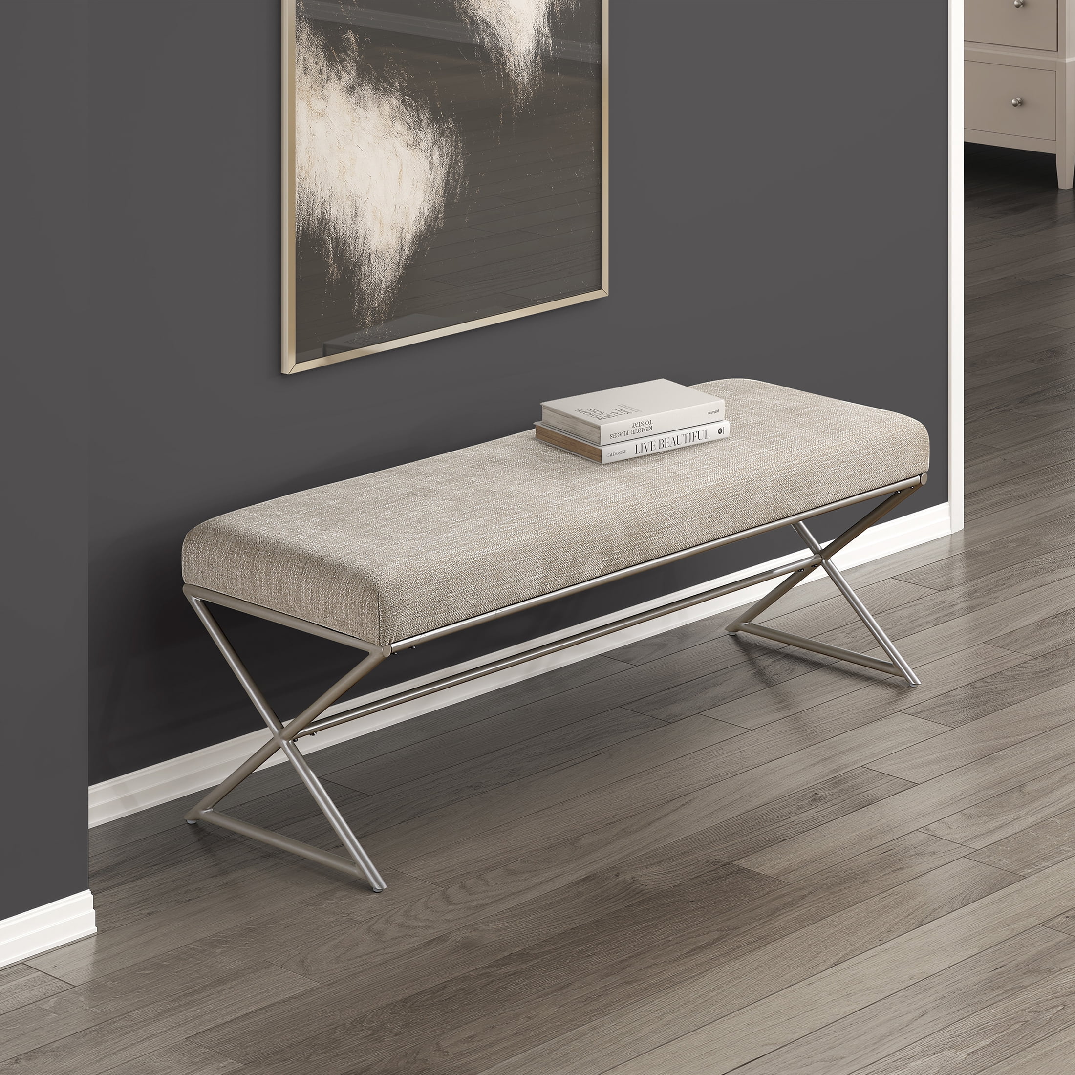 OakvillePark Crestmarsh Metal Frame Chenille Bench, Taupe