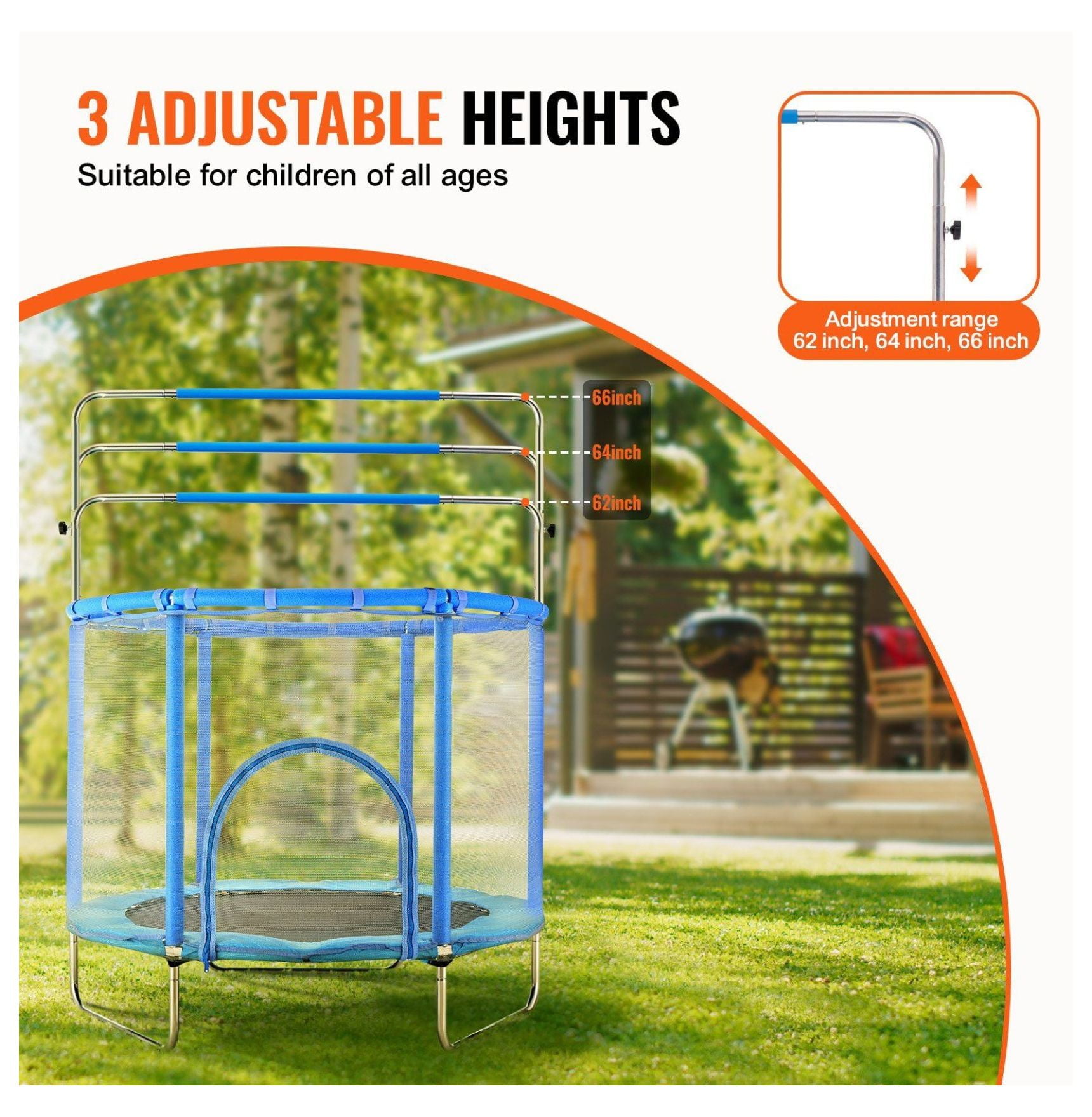 55" Kids Trampoline with Net & Enclosure - Mini Toddler Trampoline for Indoor Outdoor Use, Adjustable Height, Basketball Hoop & Swing - for Ages 3-12