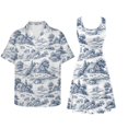 thumbnail image 2 of Jiueut Toile De Jouy House Tree Pattern Matchable Couple Hawaiian Luau Men Shirt or Women's Summer Beach Dress Sleeveless, Holiday Party Tank Dress Couple Travel Outfit for Hawaii Cruise, Size XL, 2 of 5