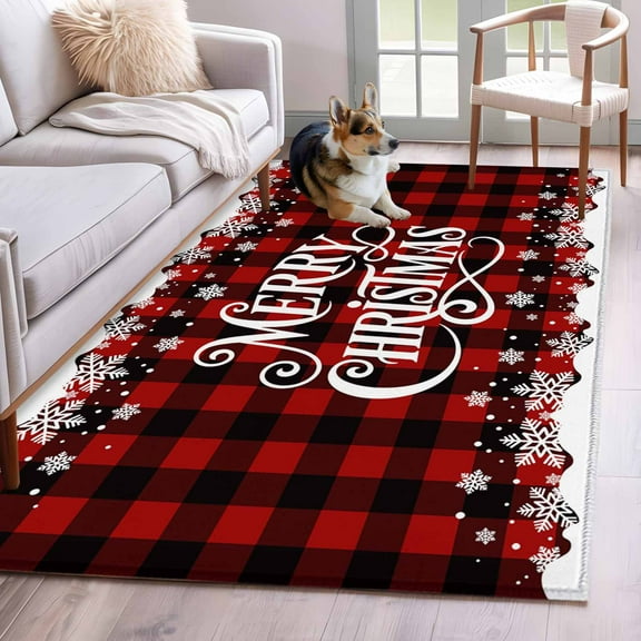 Christmas Area Rug 4x6 Washable Rug Non Slip Xmas Red Black Buffalo Plaid Winter Snowflakes Large Area Rug Indoor Floor Carpet for Entryway Bedroom Kitchen Living Room Home Office Dining Room Nursery