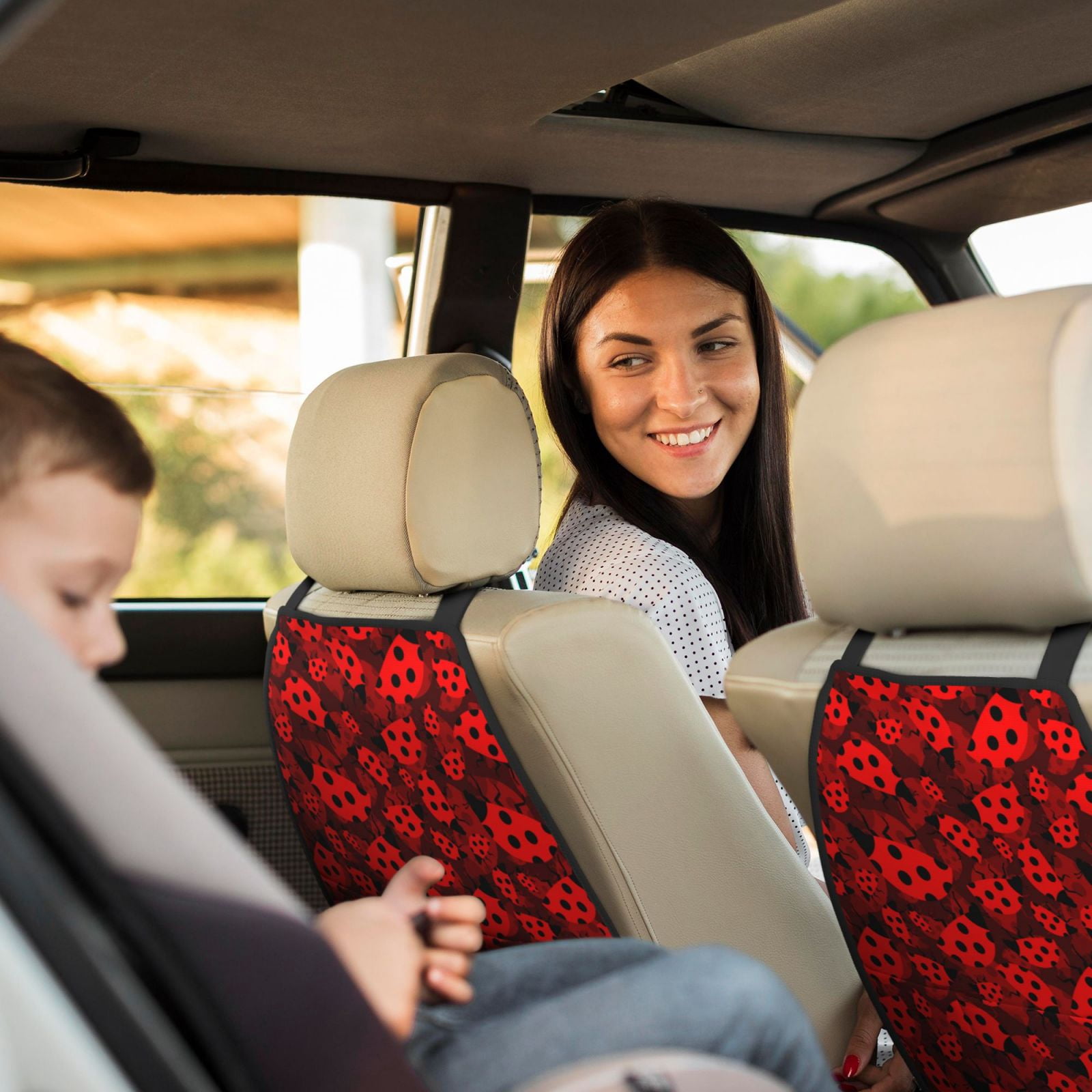 Naloa Ladybugs 1 2Pcs Anti-Kick Back Seat Cover Kick Mat, Car Seat Protector with 3 Storage Pockets