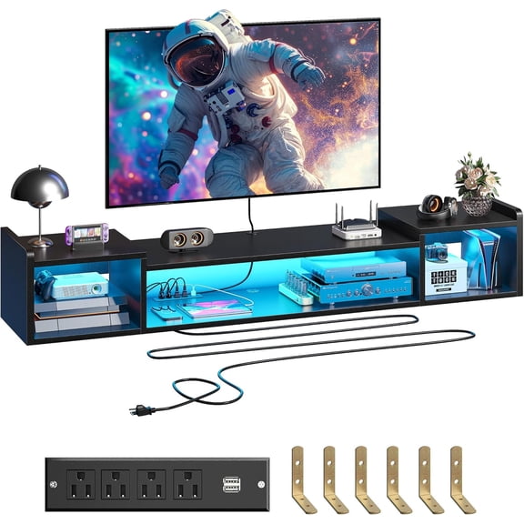 71" W Floating TV Stand with LED Lights & Power Outlets Wall Mounted Entertainment Center for 60/65/75" inch TV Shelf, Long TV Stand for Living Room, Wood Media Console Shelf for Bedroom, Black