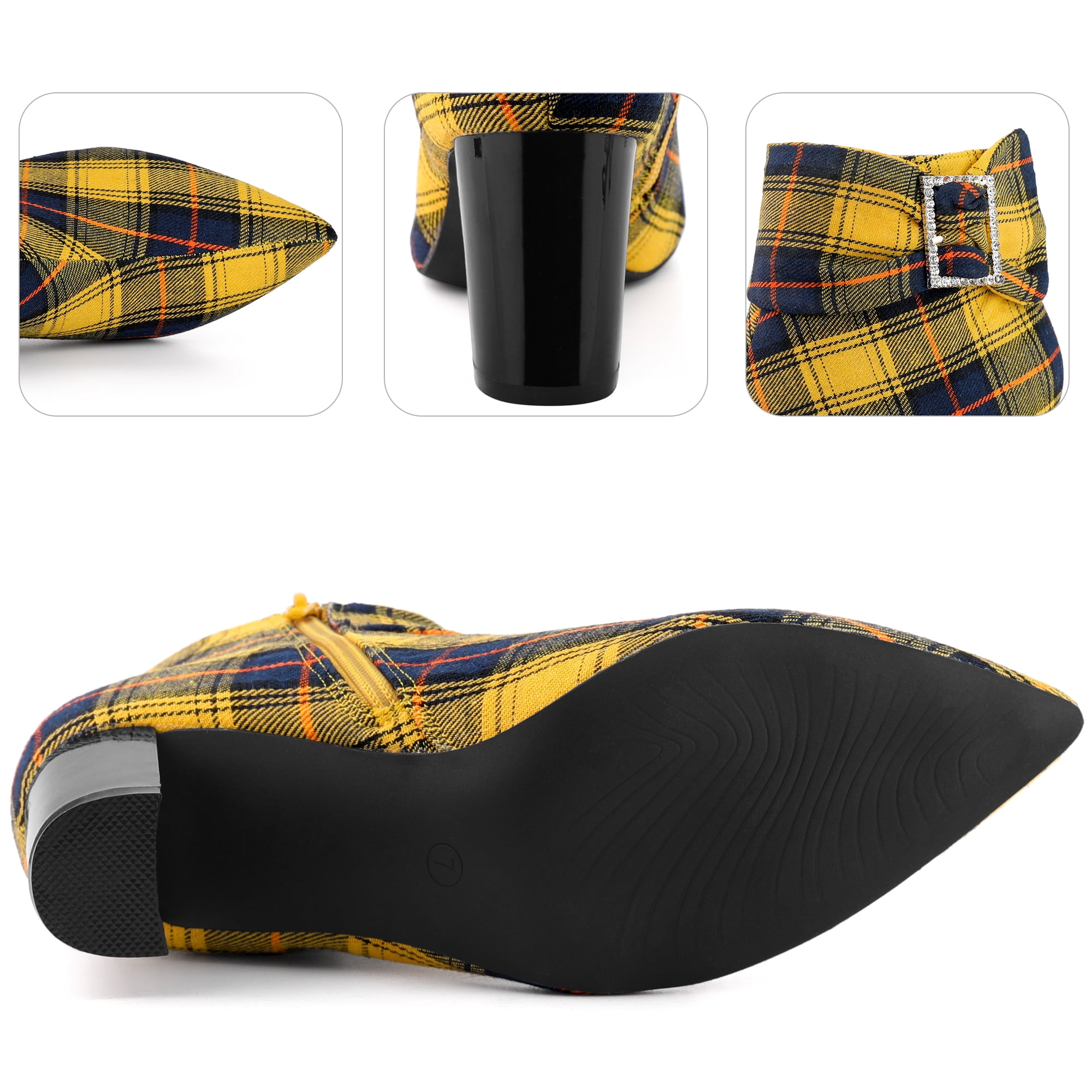 Unique Bargains Plaid Pointy Toe Bow Decor Zipper Chunky Heels Ankle Boots for Women Yellow 8
