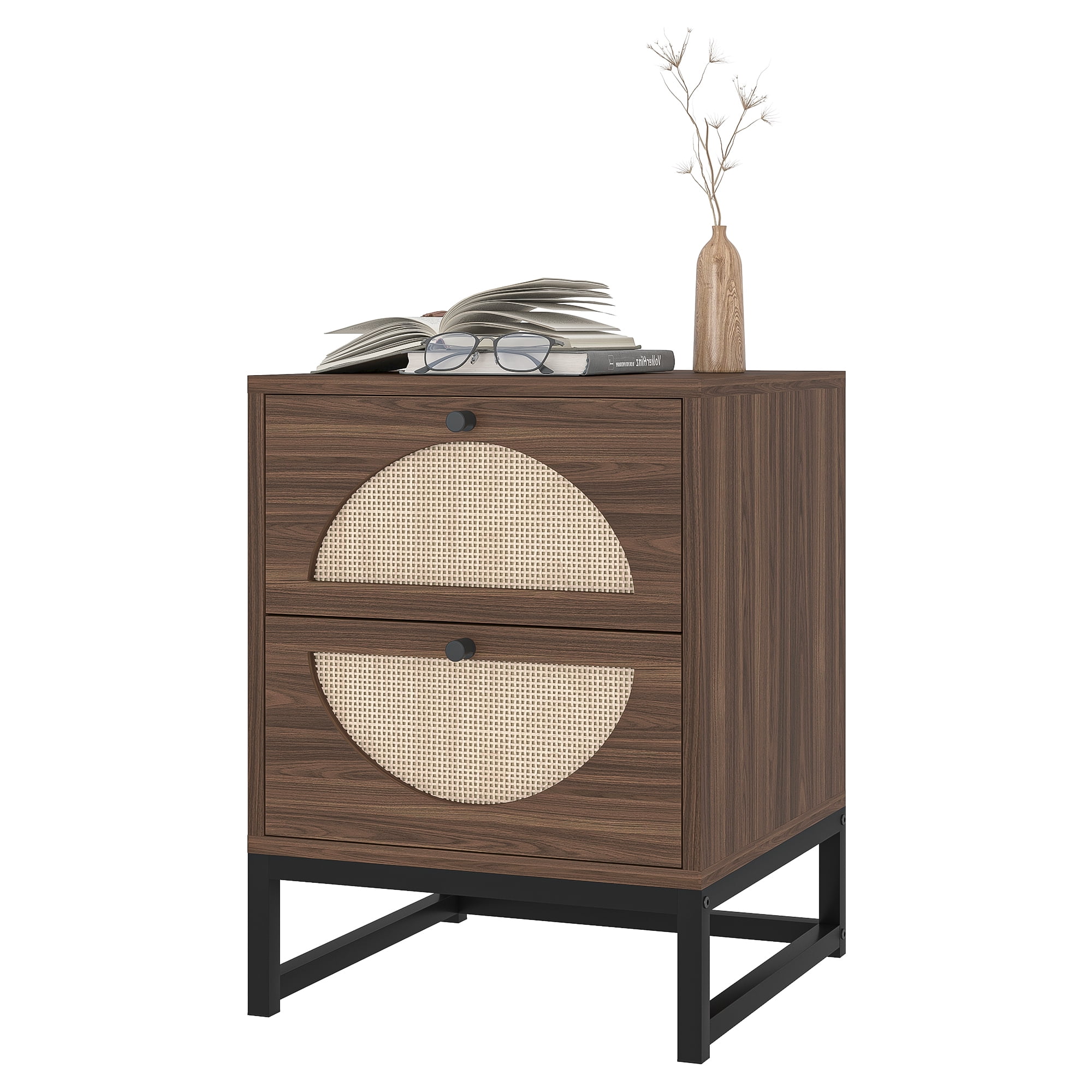 YYAo 2Pcs Nightstand, Bedside Table with 2 Natural Rattan Drawer & Metal Legs, Nightstand Side Table for Bedroom, Walnut YYAo 2Pcs Nightstand, Bedside Table with 2 Natural Rattan Drawer & Metal Legs, Nightstand Side Table for Bedroom, Walnut
