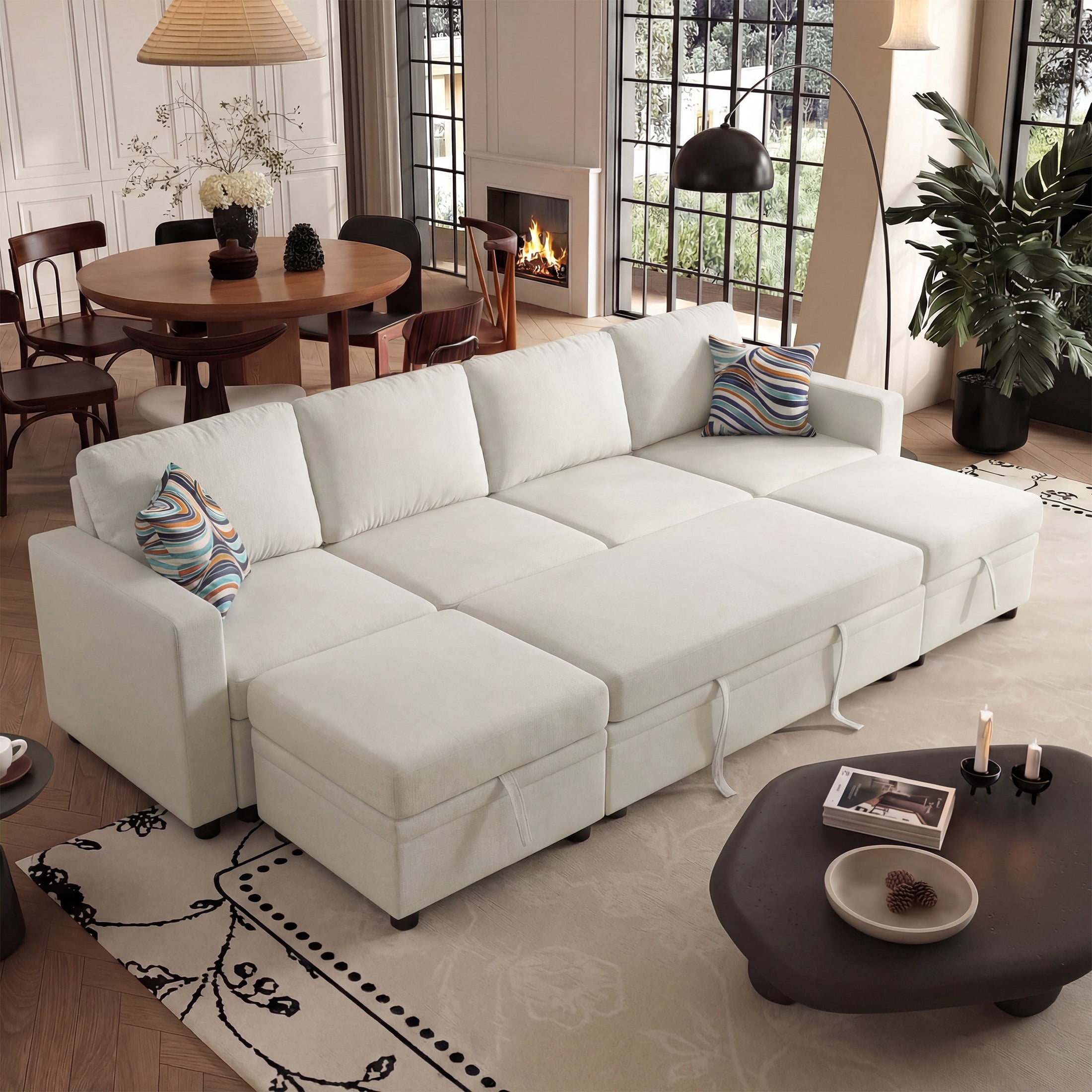 AENKYO 102" U-Shaped Sectional Sofa Bed, Linen Pull Out Sleeper Couch with Storage Seats for Living Room，White