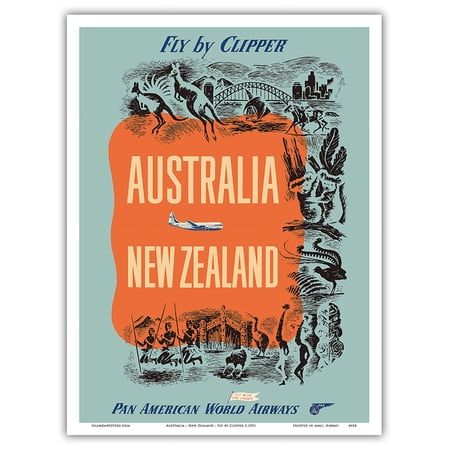 Australia - New Zealand - Fly by Clipper - Pan American World Airways - Vintage Airline Travel Poster c.1951 - Master Art Print (Unframed) 9in x 12in