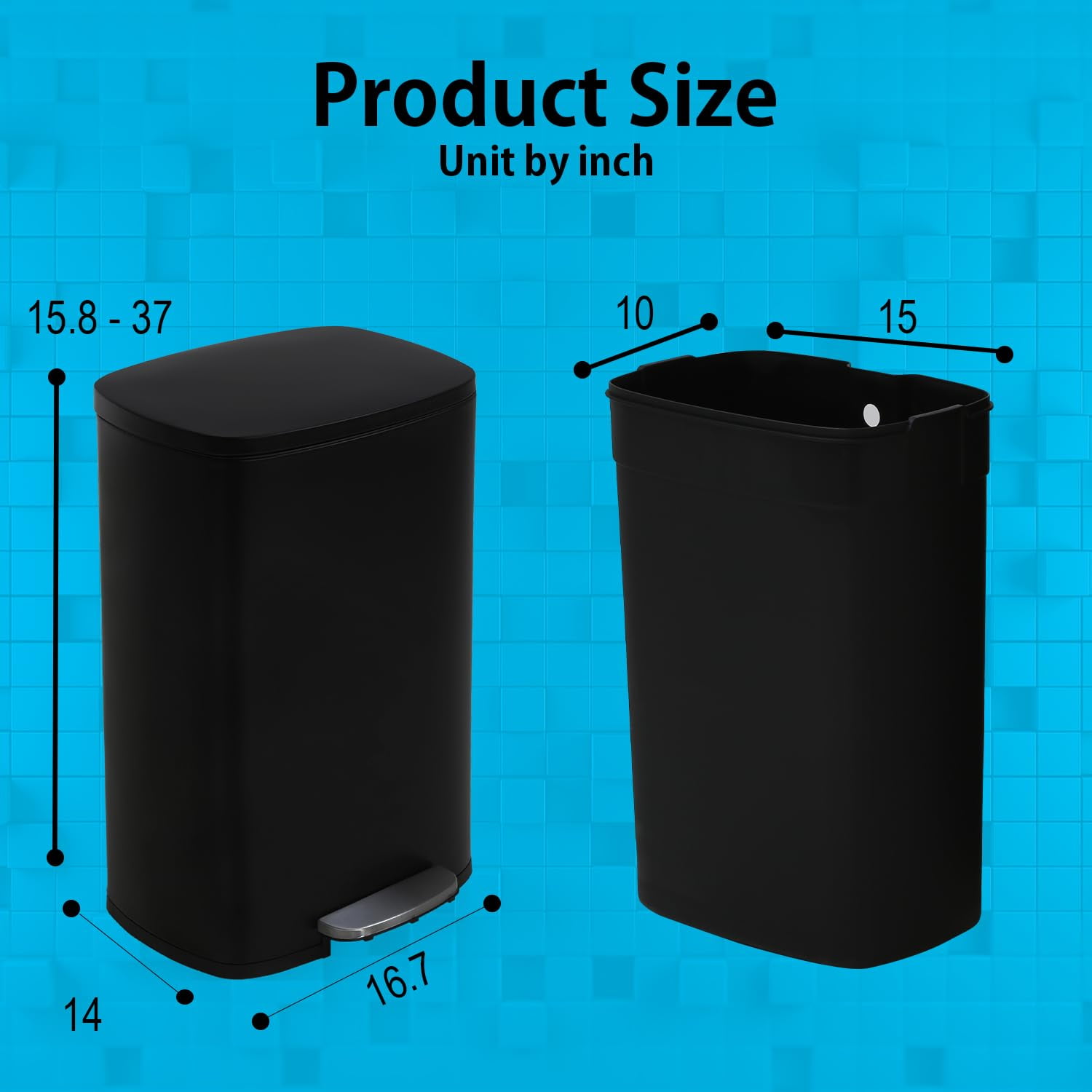 BestMassage 13 Gallon (50L) Stainless Steel Trash Can with Lid， Soft Close for Home，Black