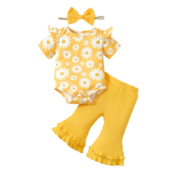 Kucnuzki Newborn Baby Girls Summer Clothes Sets 0-3 Months Outfits Ruffle Short Sleeves Romper Top Floral Top Solid Color Flared Pants Sets with Headband 3pcs Yellow